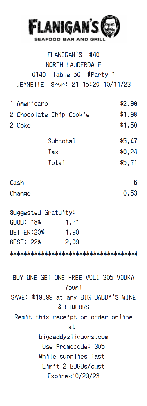 Flanigan’s Seafood Bar and Grill receipt example