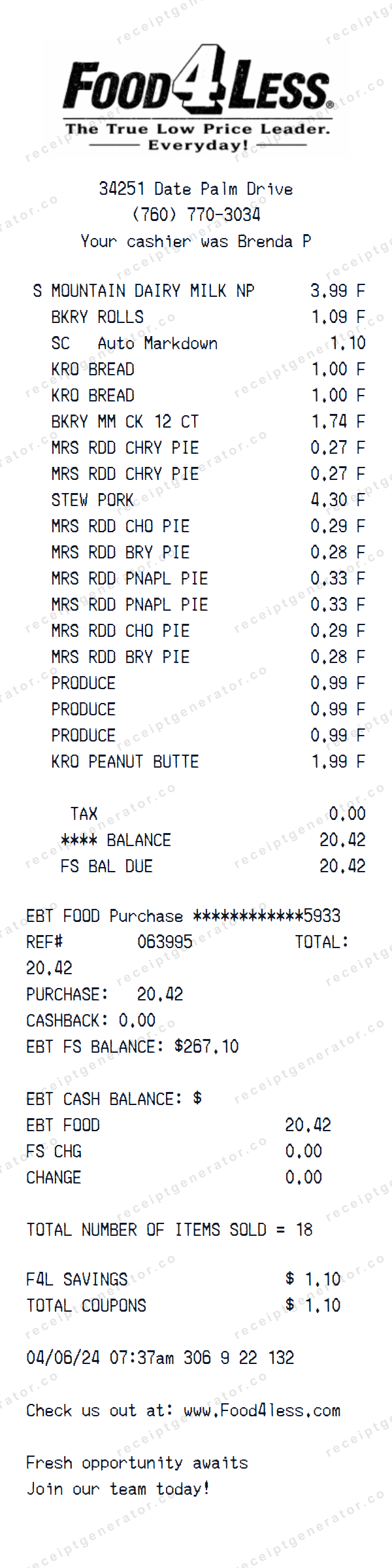 Food 4 Less Receipt Template Food 4 Less receipt template preview — realistic Food 4 Less receipt with items, prices, tax, and payment details