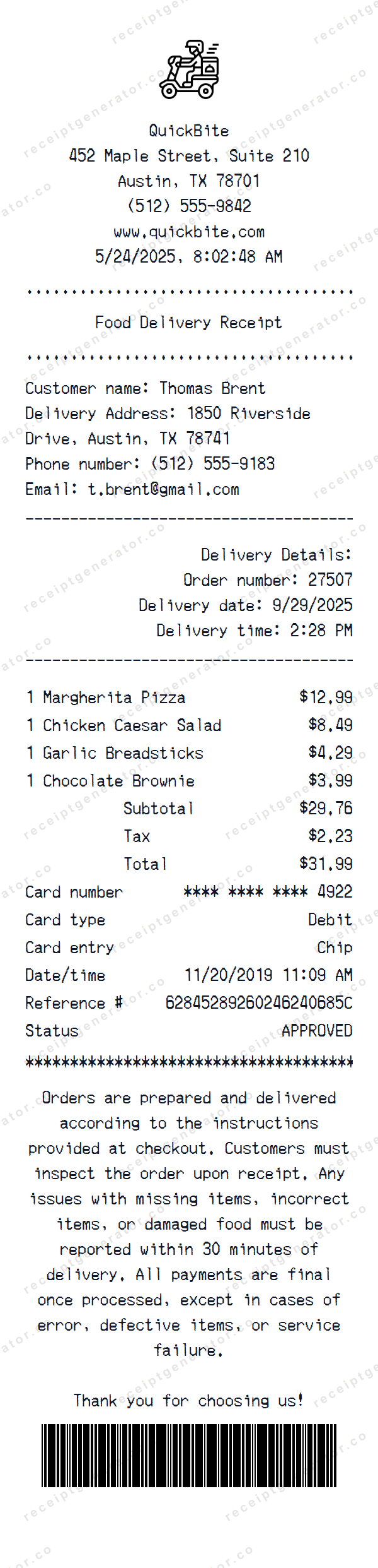 Food Delivery Receipt Template Food Delivery receipt template preview — realistic Food Delivery receipt with items, prices, tax, and payment details
