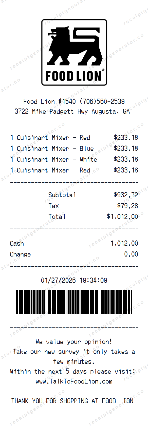 Food Lion Receipt Template Food Lion receipt template preview — realistic Food Lion receipt with items, prices, tax, and payment details