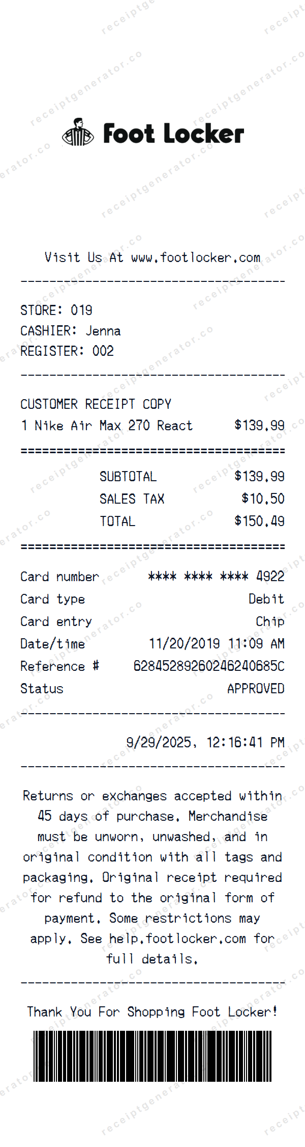 Foot Locker Receipt Template Foot Locker receipt template preview — realistic Foot Locker receipt with items, prices, tax, and payment details