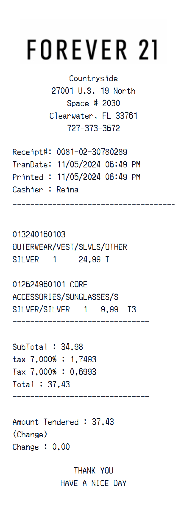 Forever 21 receipt example