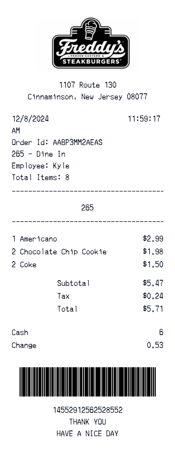 Freddy’s Frozen Custard & Steakburgers receipt example