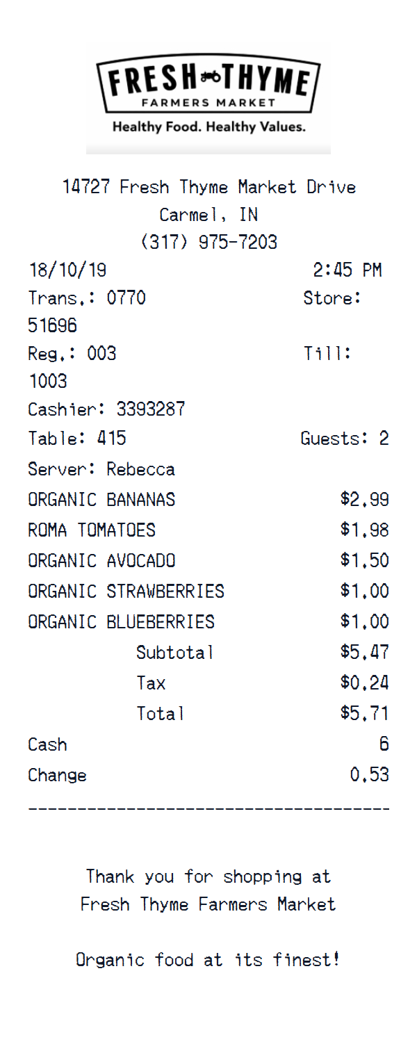 Fresh Thyme Farmers Market receipt example