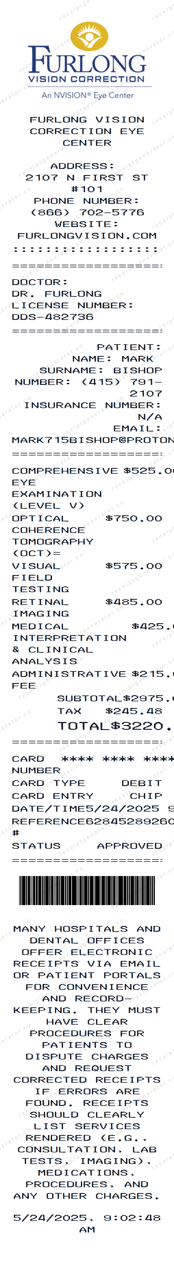 Furlong Vision Correction Receipt Template Furlong Vision Correction receipt template preview — realistic Furlong Vision Correction receipt with items, prices, tax, and payment details
