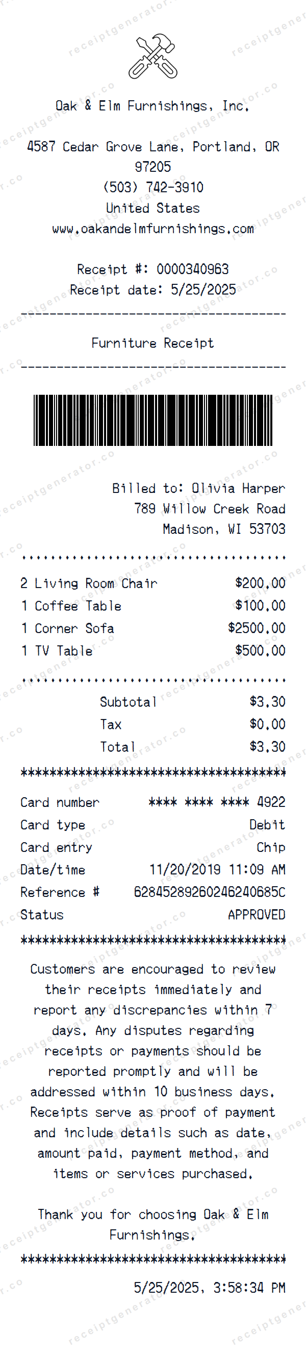Furniture Receipt Template Furniture receipt template preview — realistic Furniture receipt with items, prices, tax, and payment details