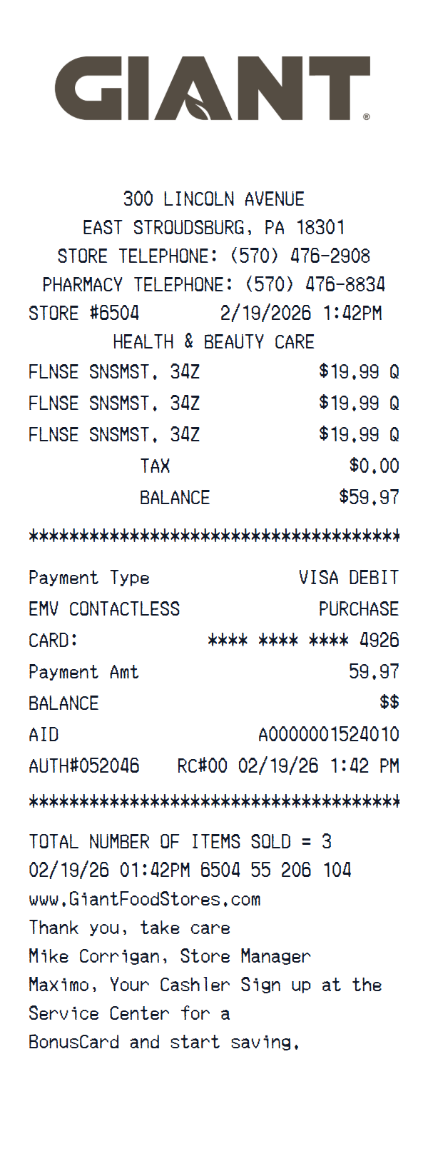 GIANT receipt example