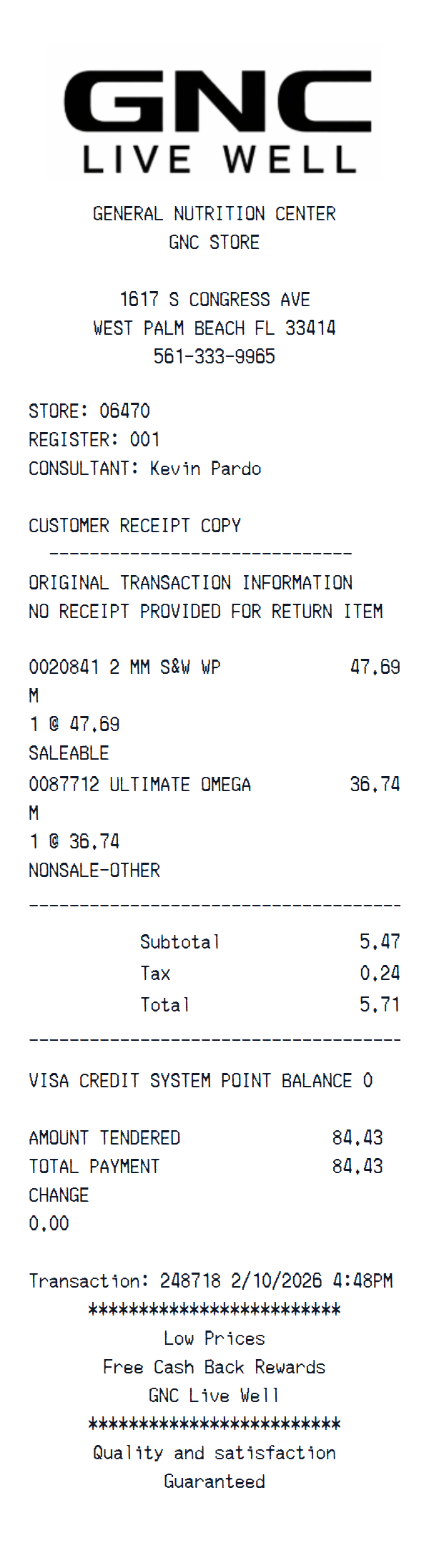 GNC receipt example