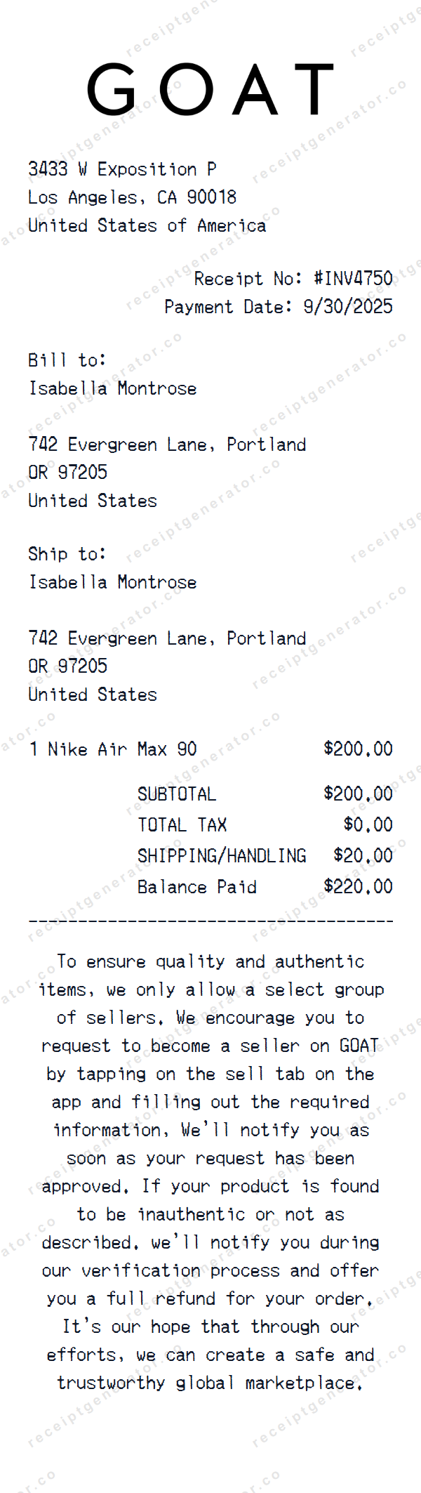 GOAT Receipt Template GOAT receipt template preview — realistic GOAT receipt with items, prices, tax, and payment details