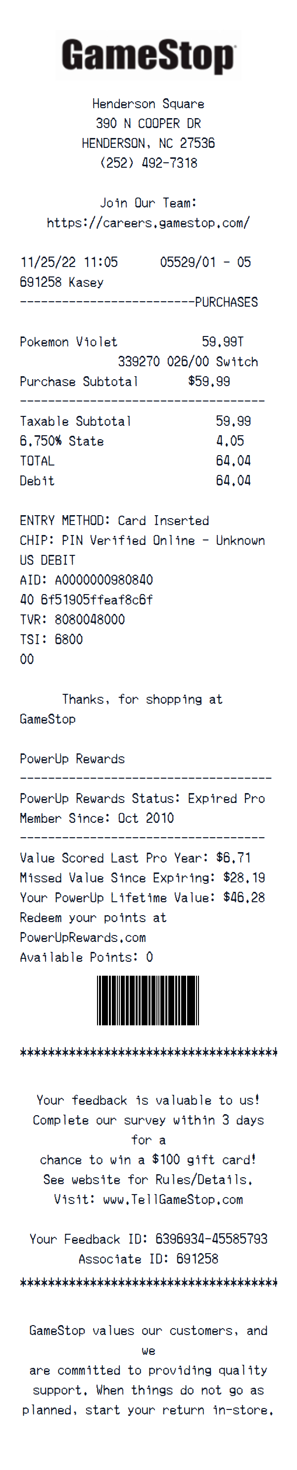 GameStop receipt example