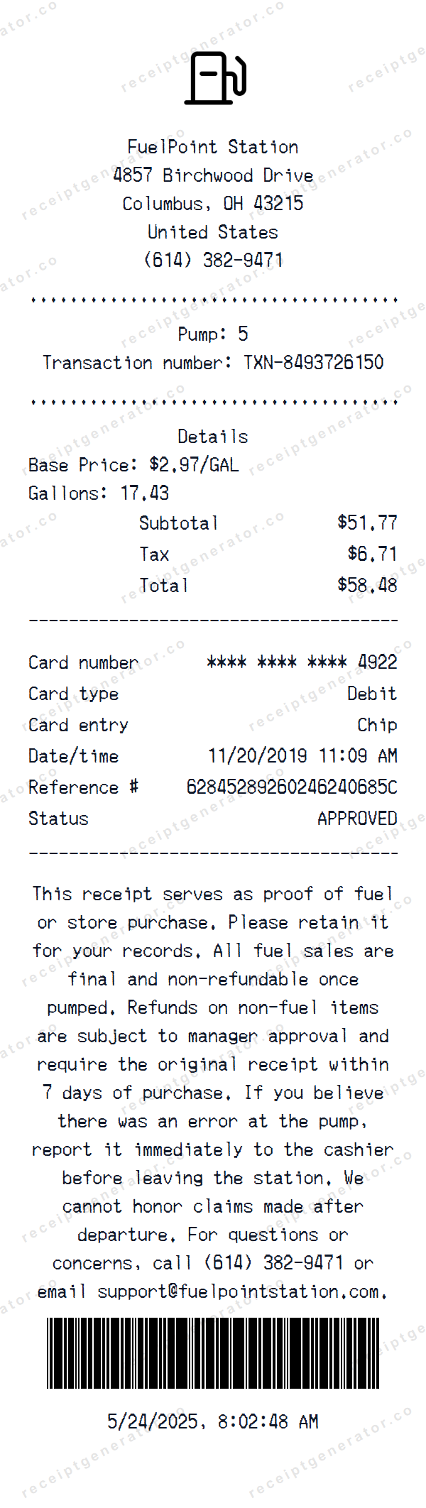 Gas Receipt Template Gas receipt template preview — realistic Gas receipt with items, prices, tax, and payment details