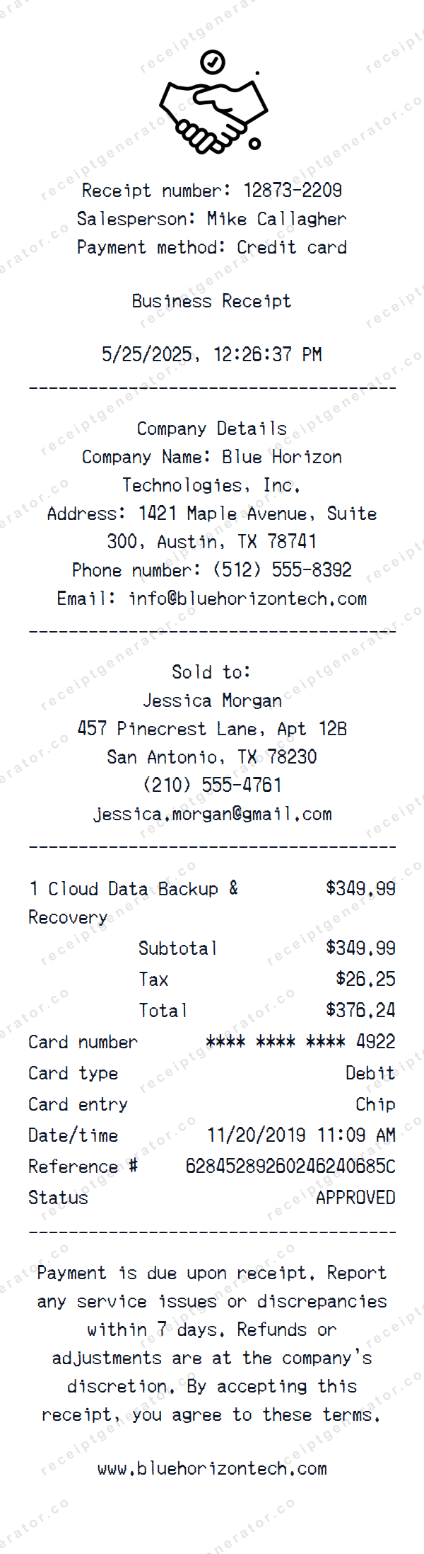 Generic Business Receipt Template Generic Business receipt template preview — realistic Generic Business receipt with items, prices, tax, and payment details