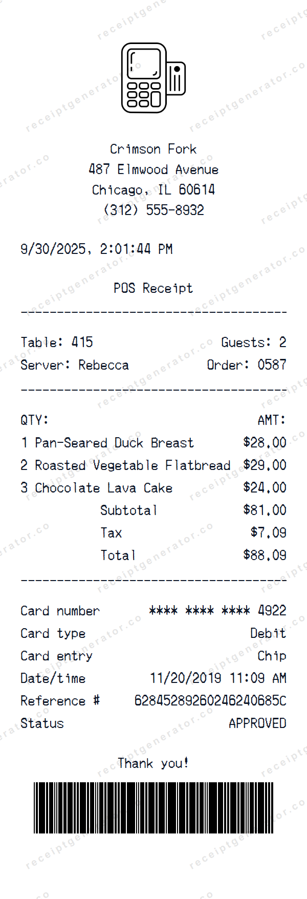 Generic POS Receipt Template Generic POS receipt template preview — realistic Generic POS receipt with items, prices, tax, and payment details