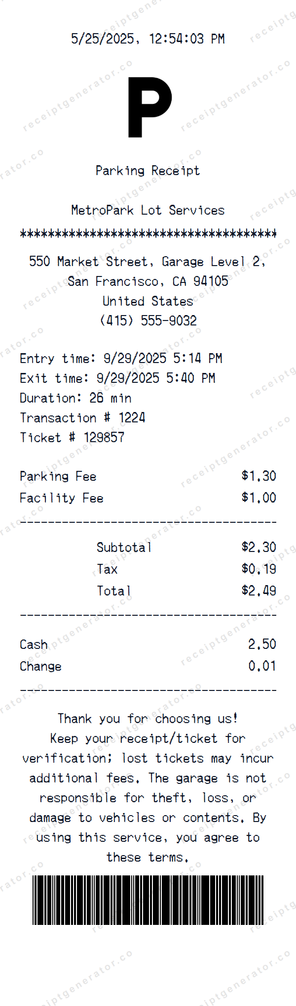 Generic Parking Receipt Template Generic Parking receipt template preview — realistic Generic Parking receipt with items, prices, tax, and payment details