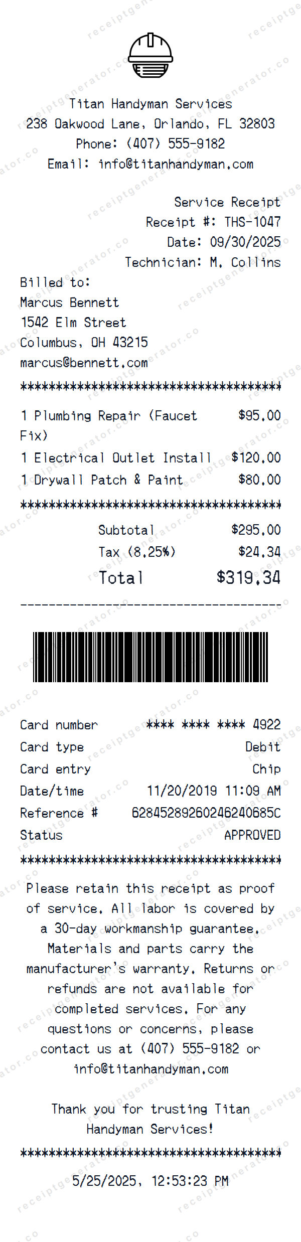 Generic Service Receipt Template Generic Service receipt template preview — realistic Generic Service receipt with items, prices, tax, and payment details
