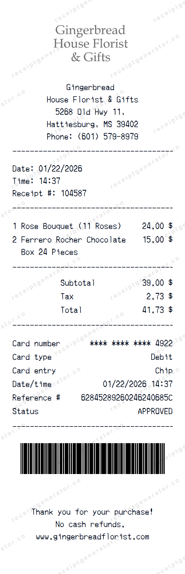 Gingerbread House Florist & Gifts Receipt Template Gingerbread House Florist & Gifts receipt template preview — realistic Gingerbread House Florist & Gifts receipt with items, prices, tax, and payment details