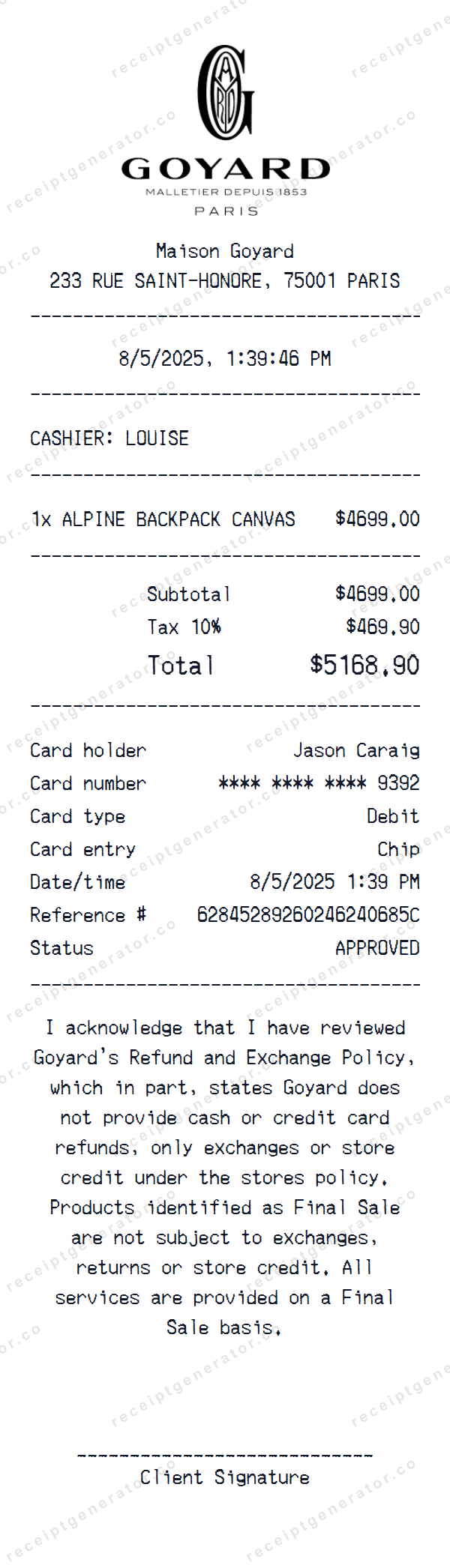 Goyard Boutique Receipt Template Goyard Boutique receipt template preview — realistic Goyard Boutique receipt with items, prices, tax, and payment details