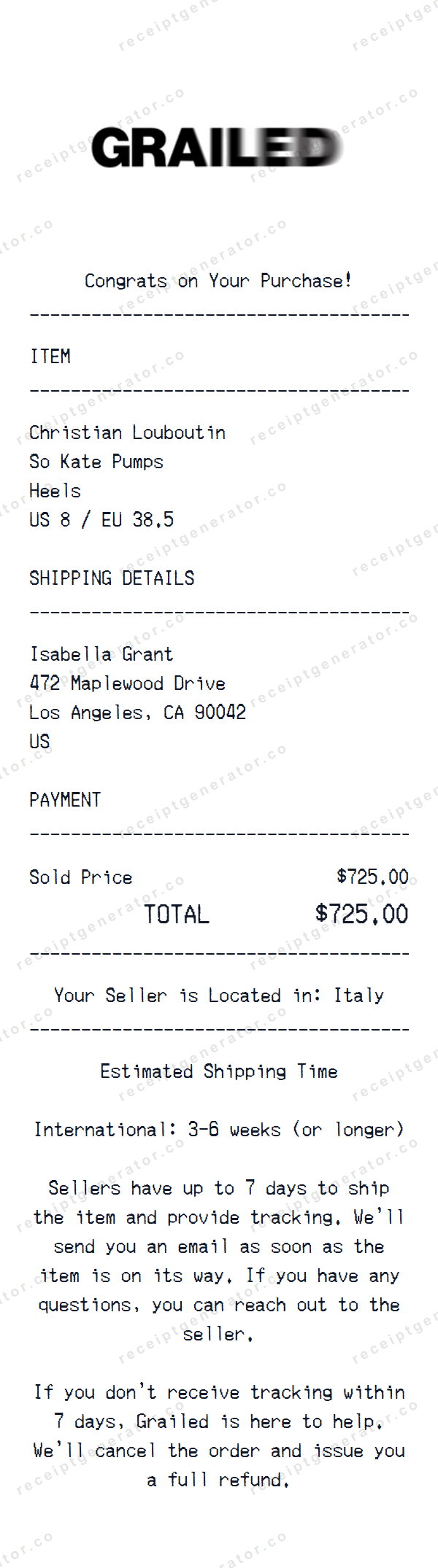 Grailed Receipt Template Grailed receipt template preview — realistic Grailed receipt with items, prices, tax, and payment details