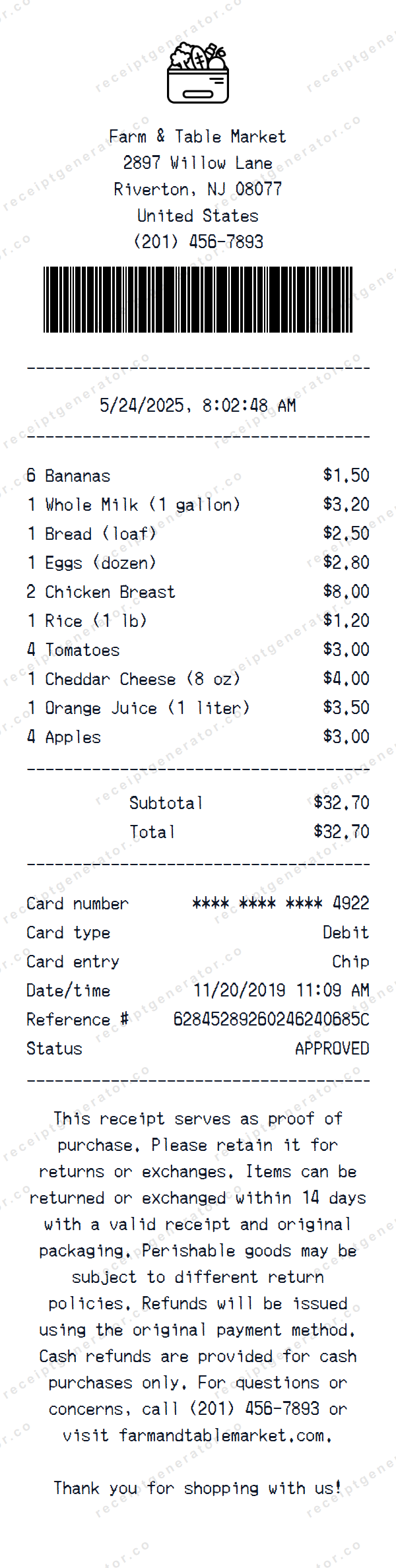 Grocery Receipt Template Grocery receipt template preview — realistic Grocery receipt with items, prices, tax, and payment details