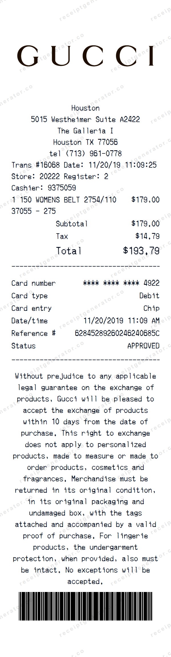 Gucci Receipt Template Gucci receipt template preview — realistic Gucci receipt with items, prices, tax, and payment details