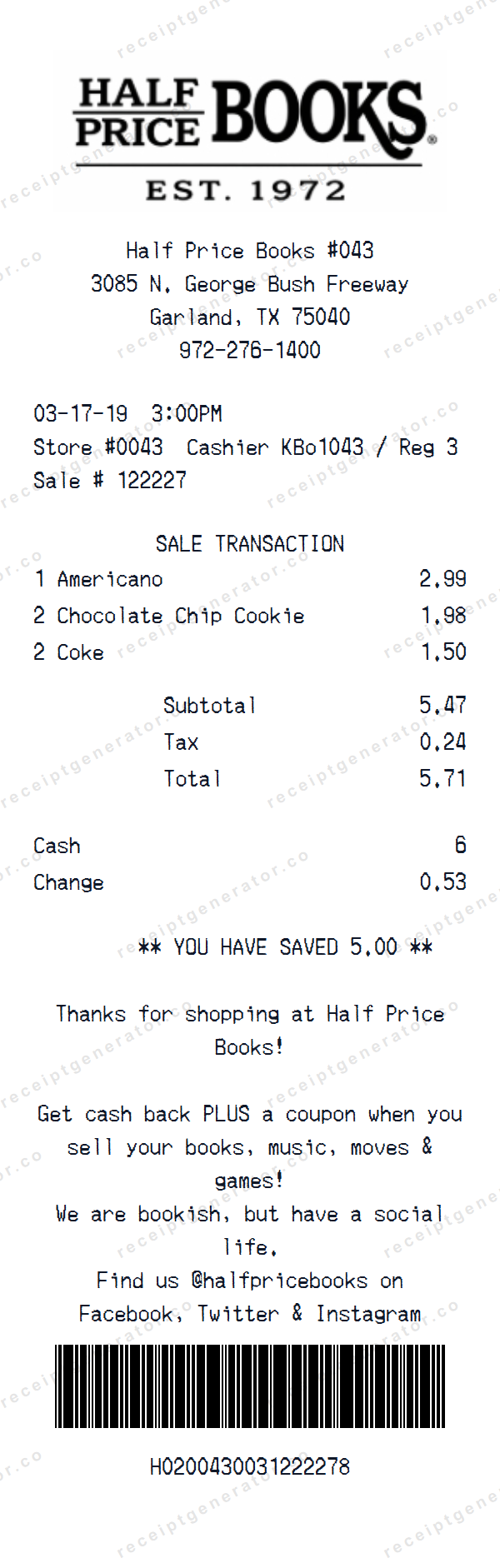 Half Price Books Receipt Template Half Price Books receipt template preview — realistic Half Price Books receipt with items, prices, tax, and payment details