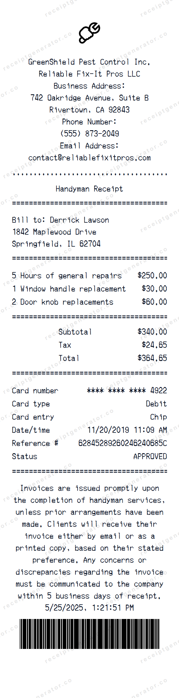 Handyman Receipt Template Handyman receipt template preview — realistic Handyman receipt with items, prices, tax, and payment details