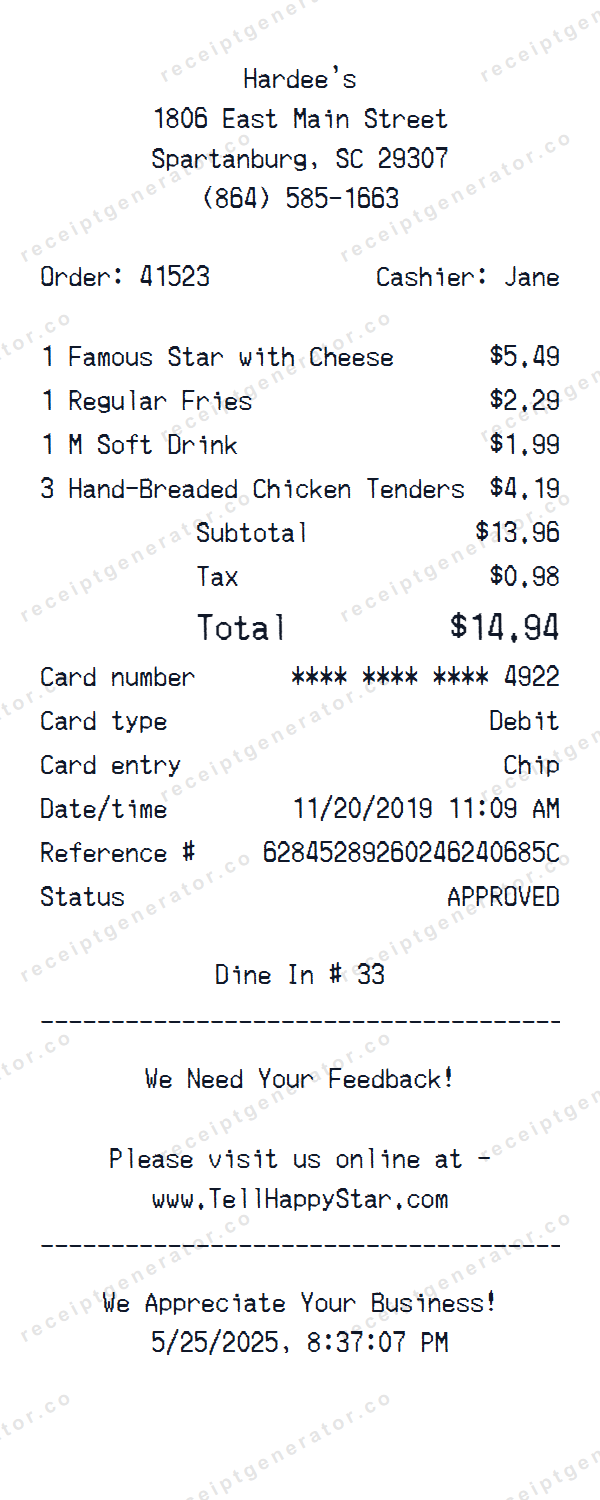 Hardee's Receipt Template Hardee's receipt template preview — realistic Hardee's receipt with items, prices, tax, and payment details
