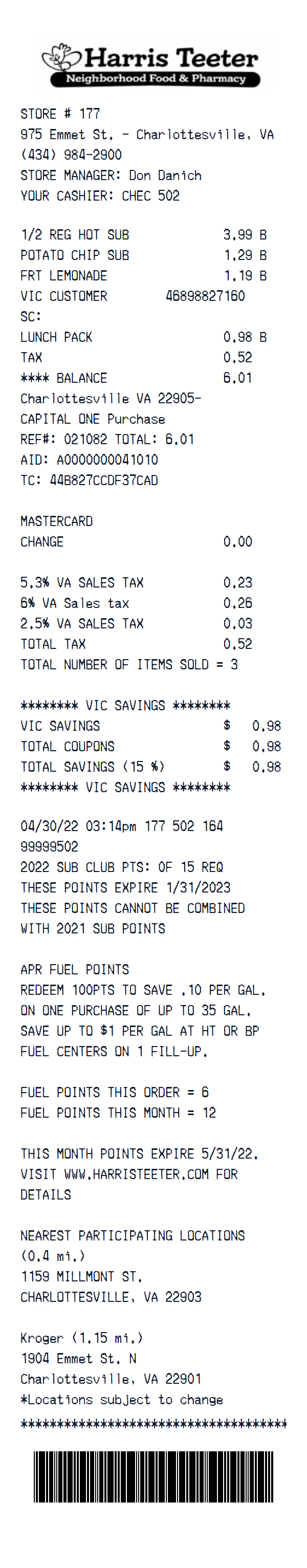 Harris Teeter receipt example