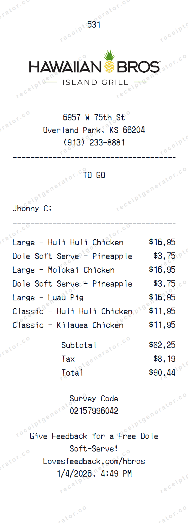 Hawaiian Bros Island Grill Receipt Template Hawaiian Bros Island Grill receipt template preview — realistic Hawaiian Bros Island Grill receipt with items, prices, tax, and payment details