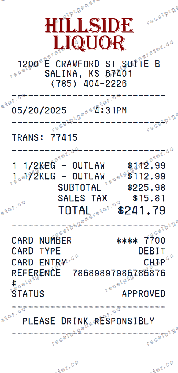 Hillside Liquor Receipt Template Hillside Liquor receipt template preview — realistic Hillside Liquor receipt with items, prices, tax, and payment details