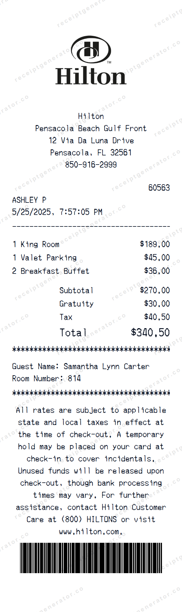 Hilton Hotel Receipt Template Hilton Hotel receipt template preview — realistic Hilton Hotel receipt with items, prices, tax, and payment details