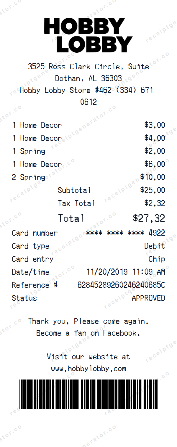 Hobby Lobby Receipt Template Hobby Lobby receipt template preview — realistic Hobby Lobby receipt with items, prices, tax, and payment details