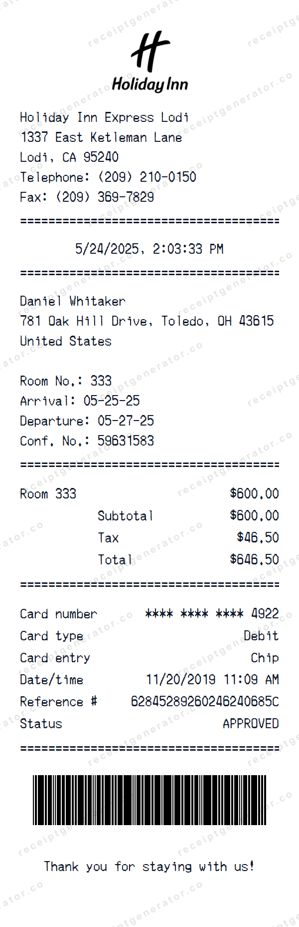 Holiday Inn Receipt Template Holiday Inn receipt template preview — realistic Holiday Inn receipt with items, prices, tax, and payment details