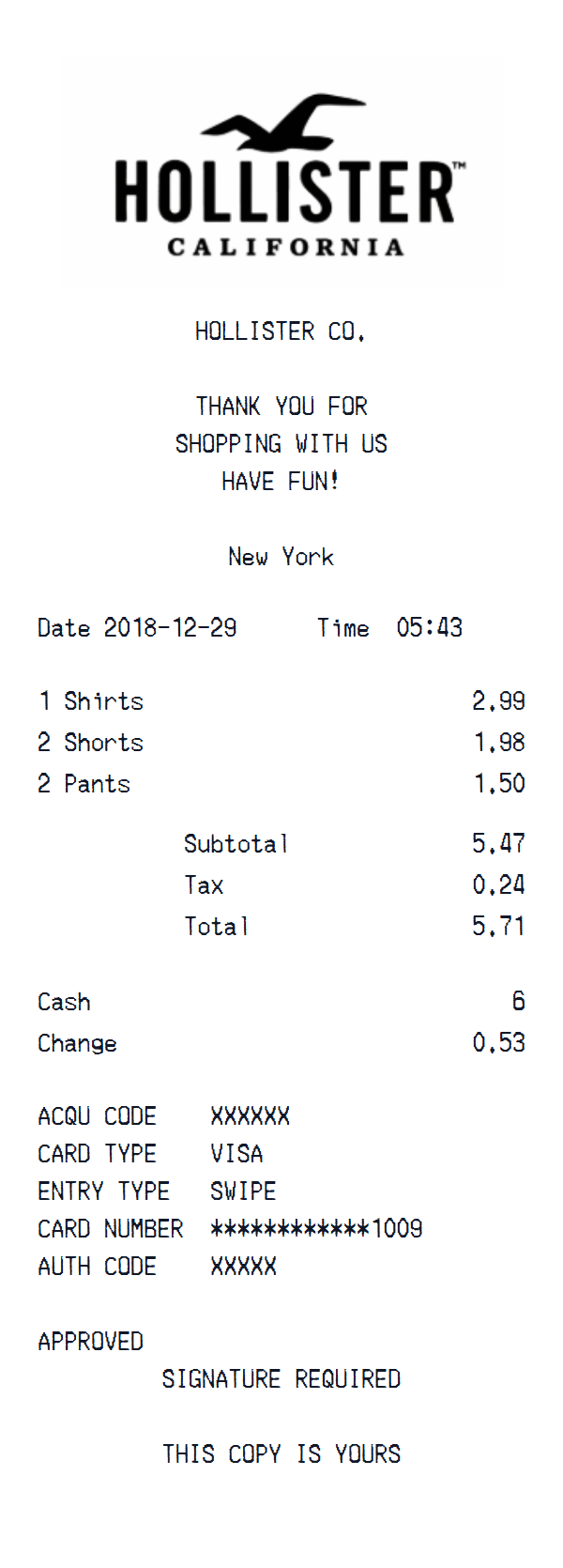 Hollister receipt example