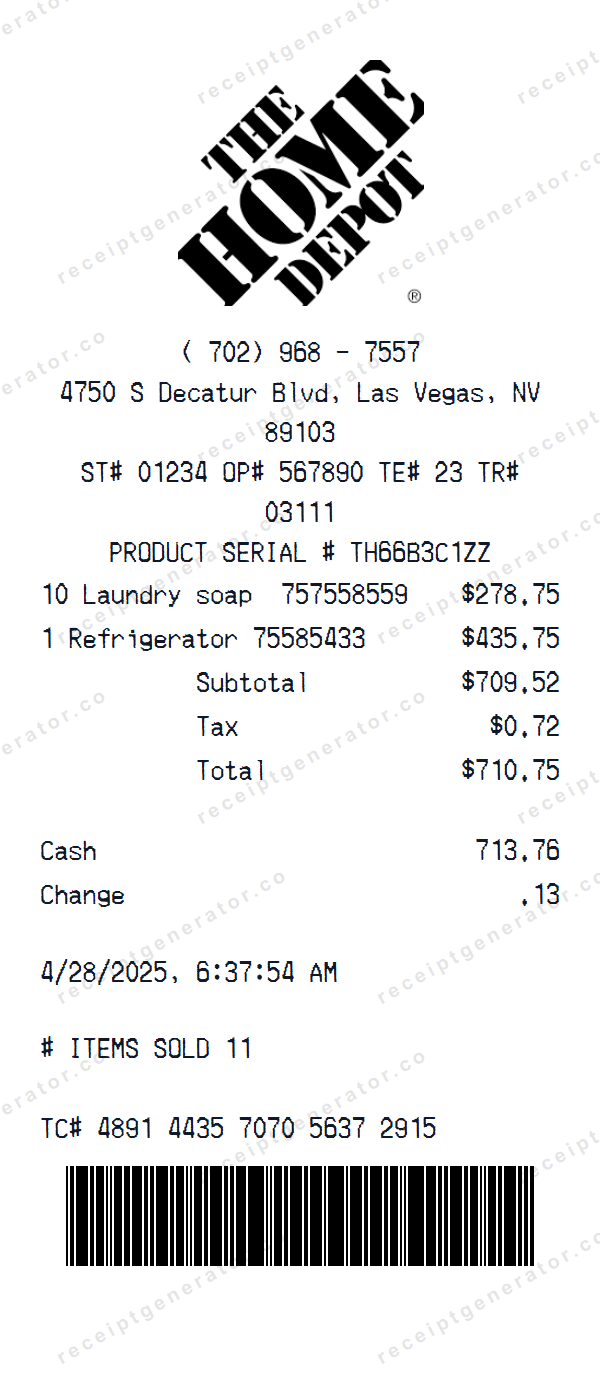 Home Depot Receipt Template Home Depot receipt template preview — realistic Home Depot receipt with items, prices, tax, and payment details