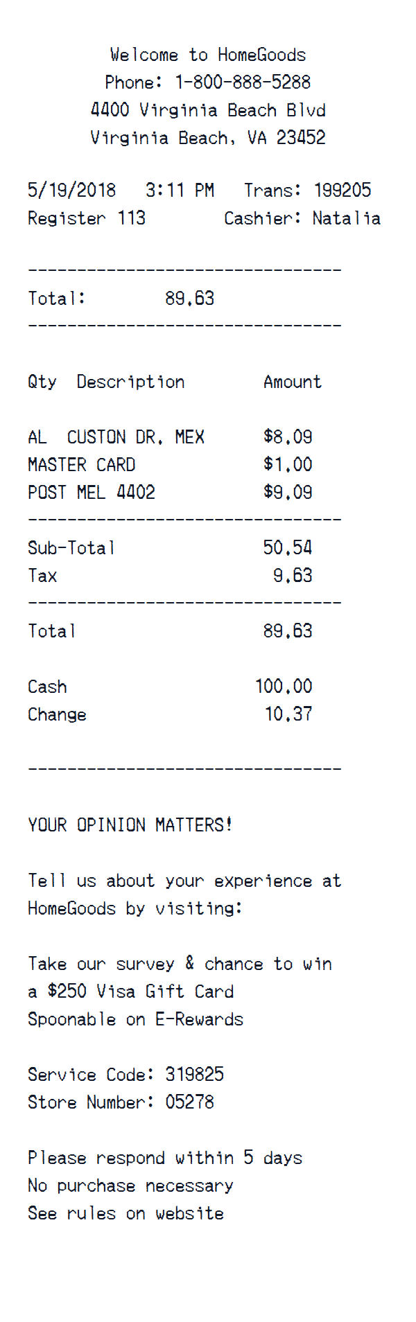 HomeGoods receipt example