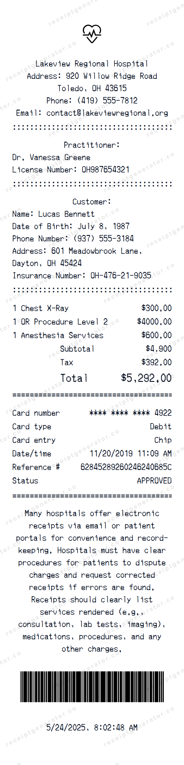 Hospital Receipt Template Hospital receipt template preview — realistic Hospital receipt with items, prices, tax, and payment details