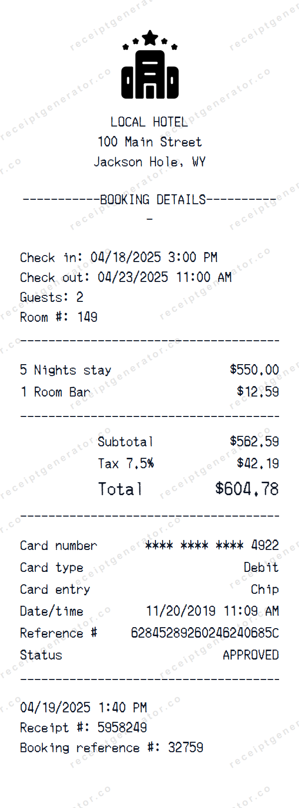 Hotel Receipt Template Hotel receipt template preview — realistic Hotel receipt with items, prices, tax, and payment details
