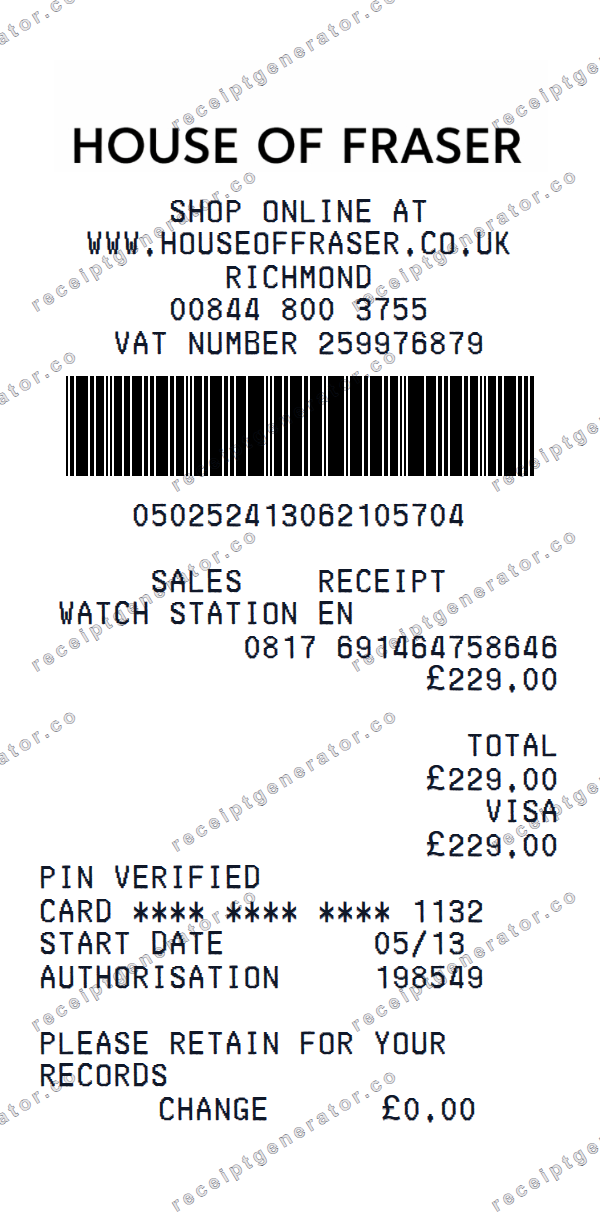 House of Fraser Receipt Template House of Fraser receipt template preview — realistic House of Fraser receipt with items, prices, tax, and payment details