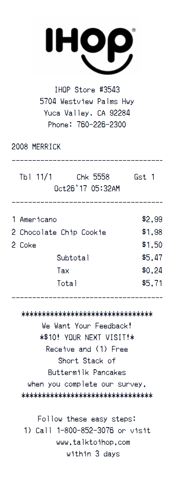 IHOP receipt example