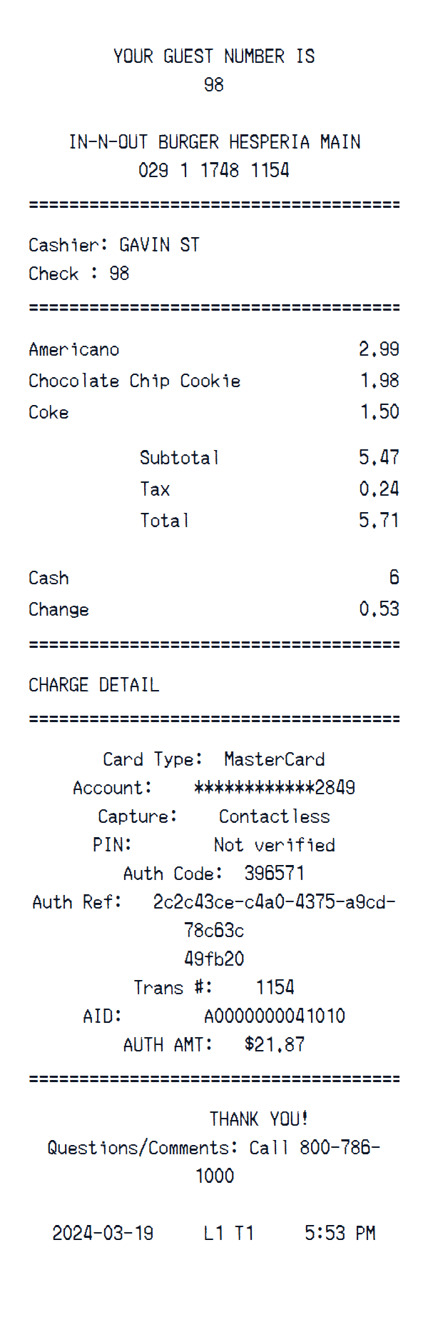 IN-N-OUT Burger receipt example