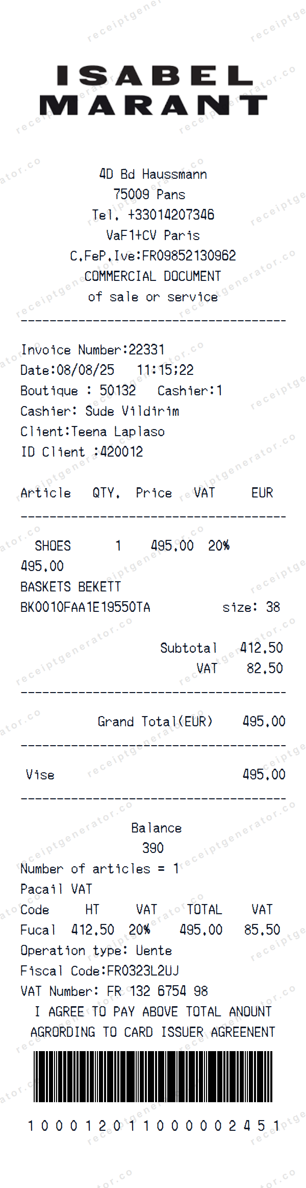 ISABEL MARANT Receipt Template ISABEL MARANT receipt template preview — realistic ISABEL MARANT receipt with items, prices, tax, and payment details