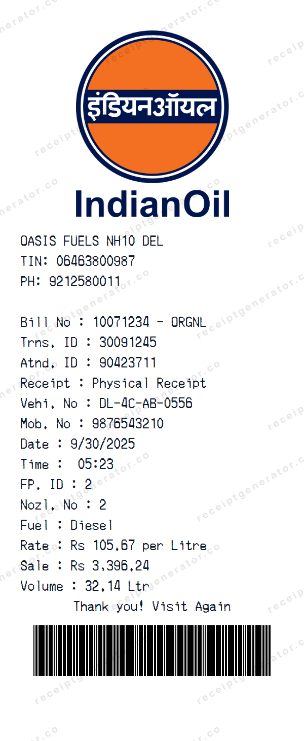 Indian Petrol Pump Receipt Template Indian Petrol Pump receipt template preview — realistic Indian Petrol Pump receipt with items, prices, tax, and payment details