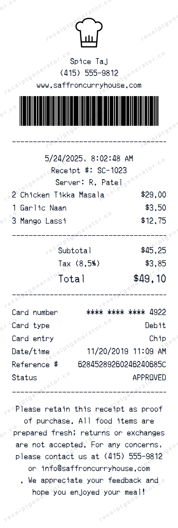 Indian Restaurant Bill Receipt Template Indian Restaurant Bill receipt template preview — realistic Indian Restaurant Bill receipt with items, prices, tax, and payment details