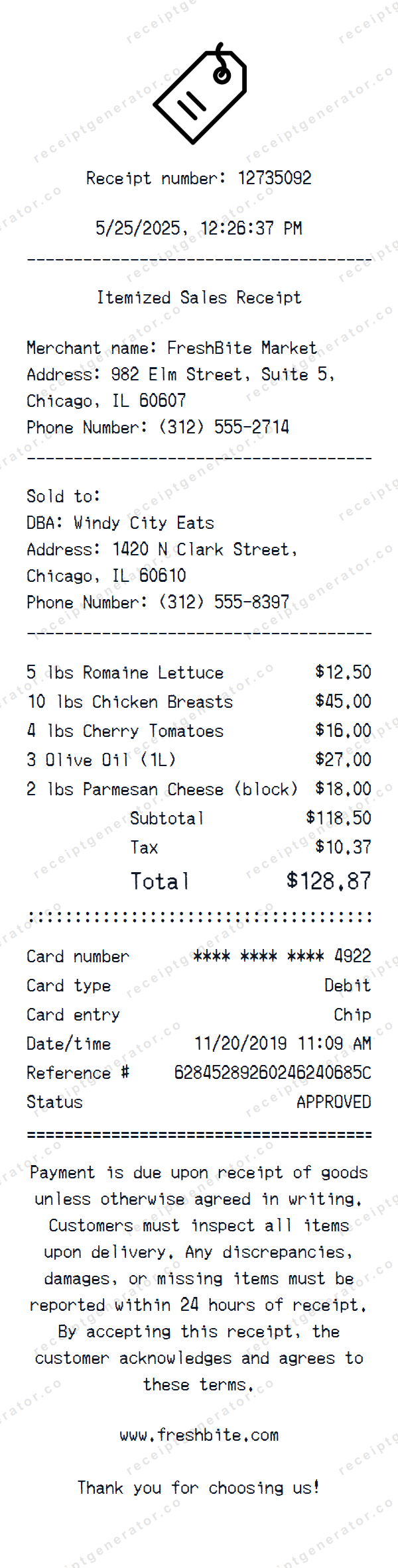 Itemized Sales Receipt Template Itemized Sales receipt template preview — realistic Itemized Sales receipt with items, prices, tax, and payment details