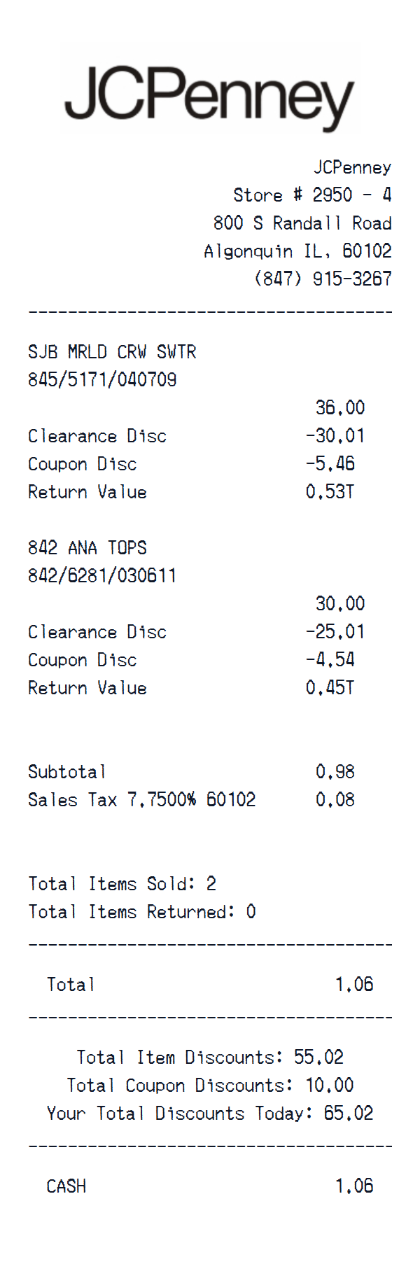 JCPenney receipt example