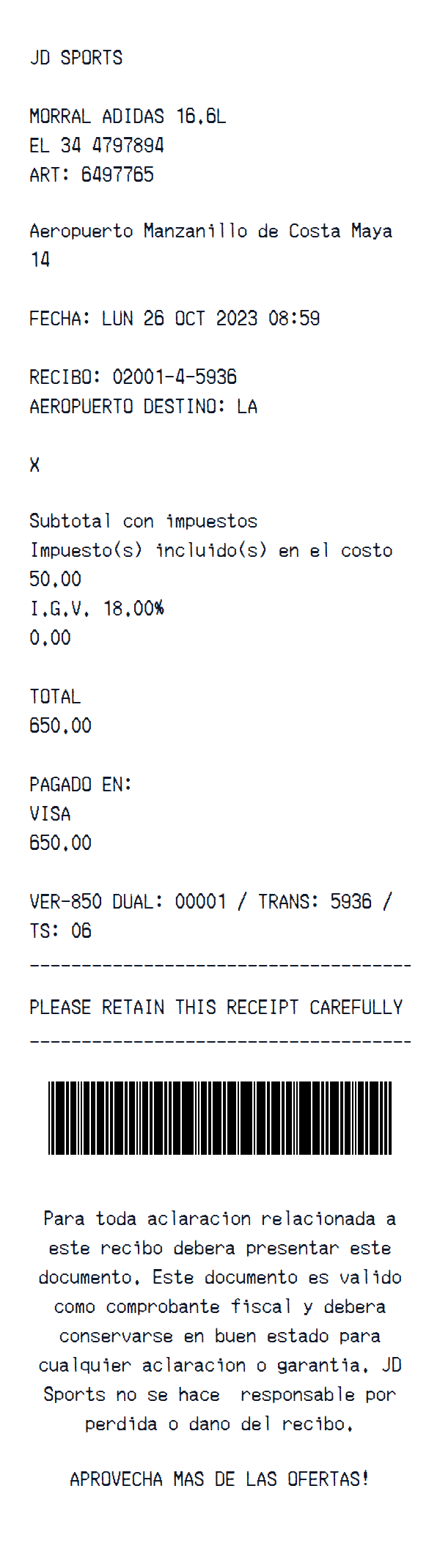 JD Sports receipt example
