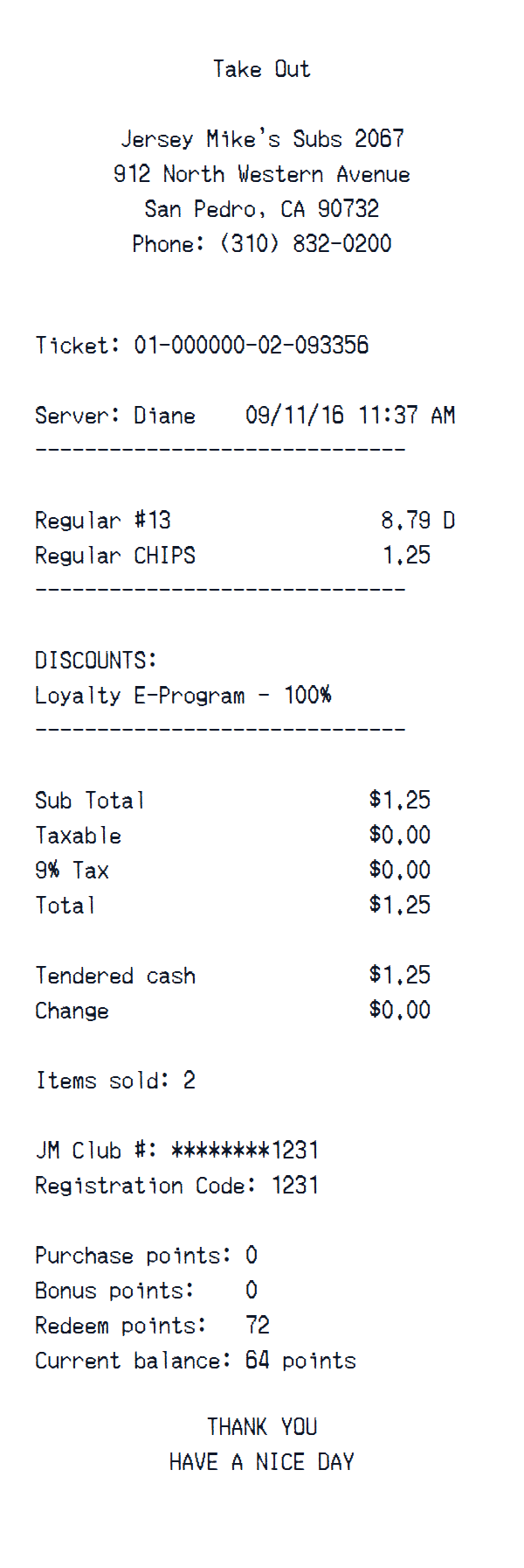 Jersey Mike's Subs receipt example