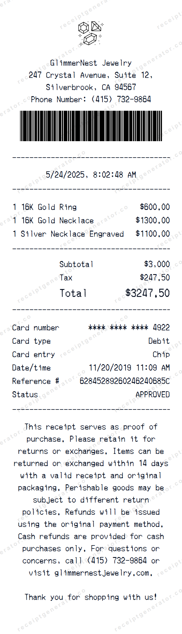 Jewelry Receipt Template Jewelry receipt template preview — realistic Jewelry receipt with items, prices, tax, and payment details