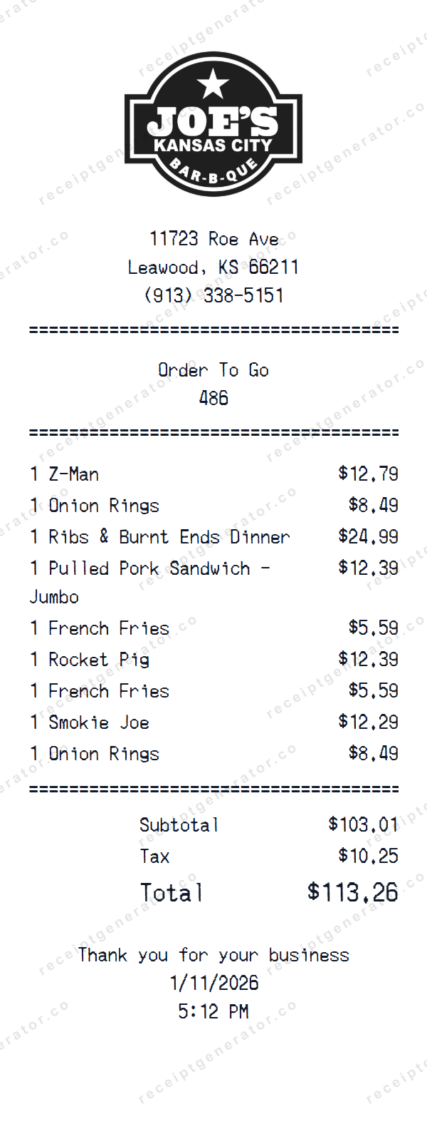 Joe’s Kansas City Bar-B-Que Receipt Template Joe’s Kansas City Bar-B-Que receipt template preview — realistic Joe’s Kansas City Bar-B-Que receipt with items, prices, tax, and payment details